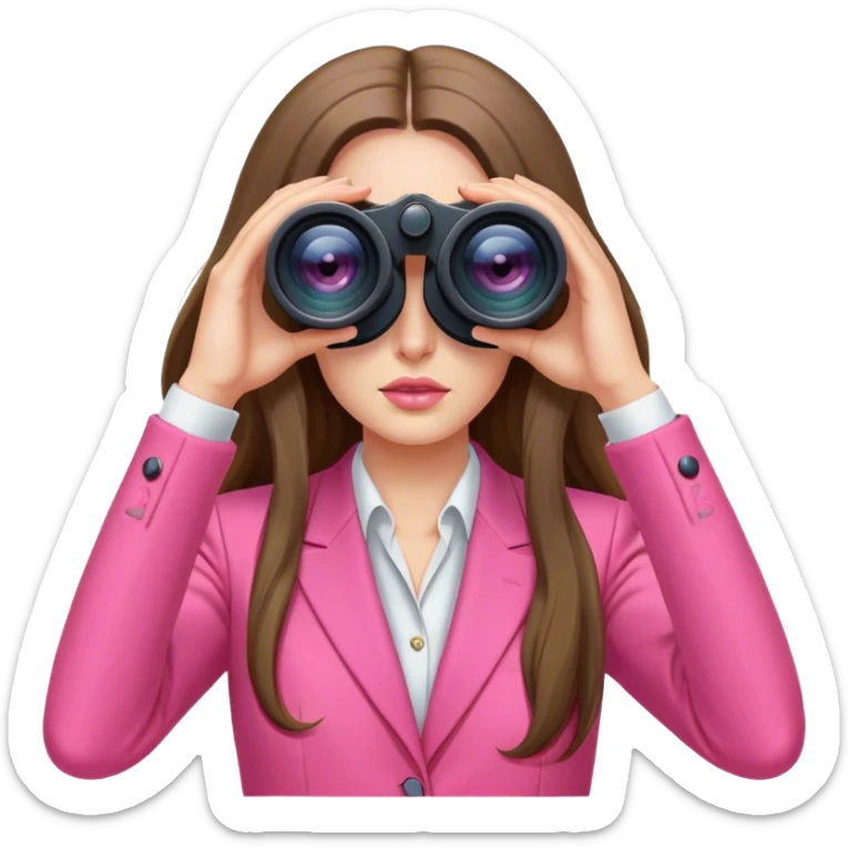 futuristic-looking woman with long hair in an intensive color pink suit looking through two-eye binoculars sticker