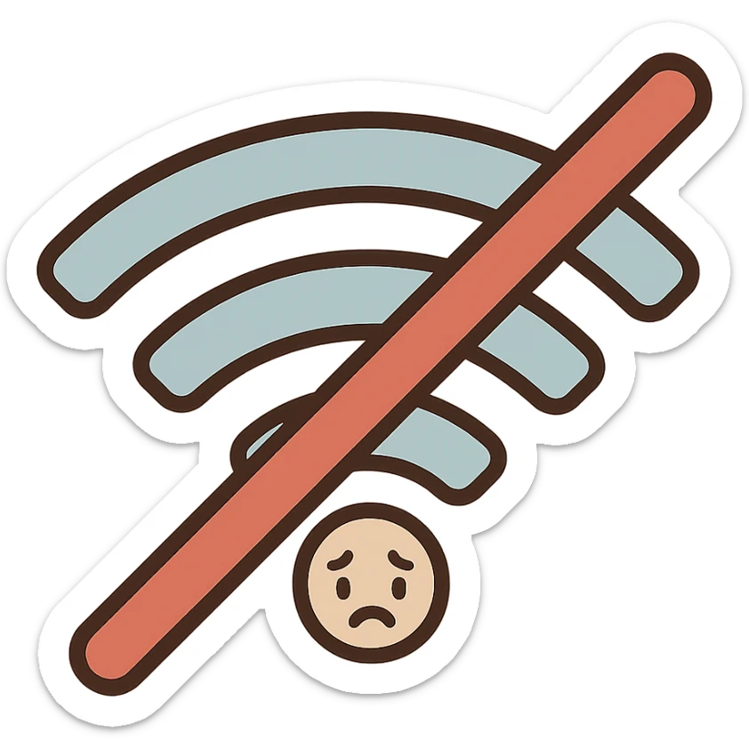 flat toon style minimalist Wi-Fi symbol with a red slash, incomplete signal bars, white background sticker