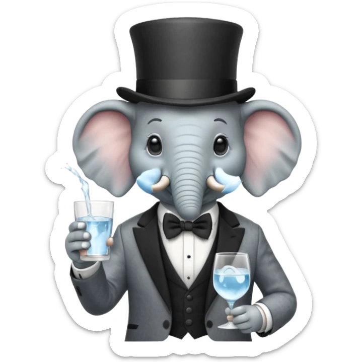 elephant wearing suit, bowtie and top hat, holding glass of water sticker