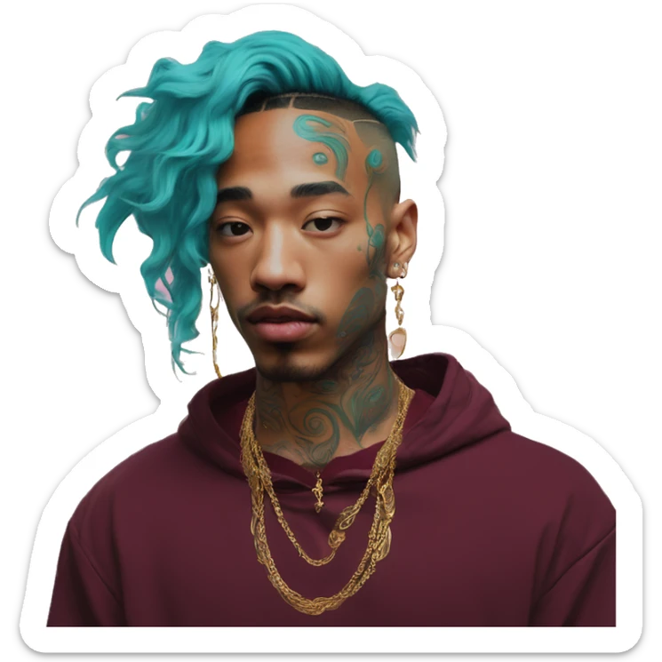 Vintage patina intricate swirls gold jewellery baroque raven wings tropical Deep pink maroon burgundy cyan dark hoodie man vitiligo dyed hair gold piercings nose piercing ear piercings sticker