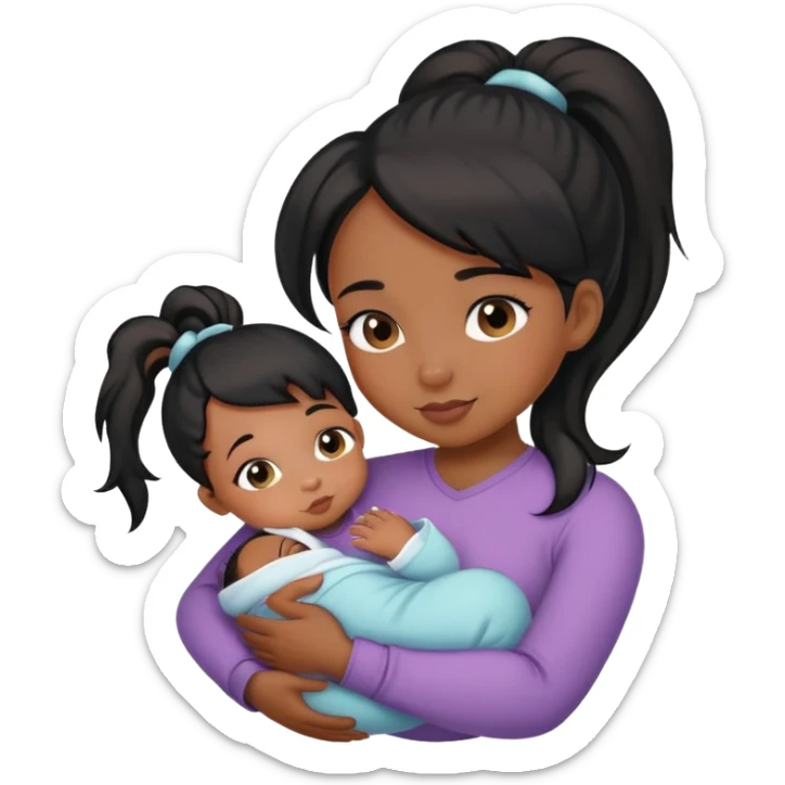 black Ponytail girl hugs a newborn baby and a girl sticker