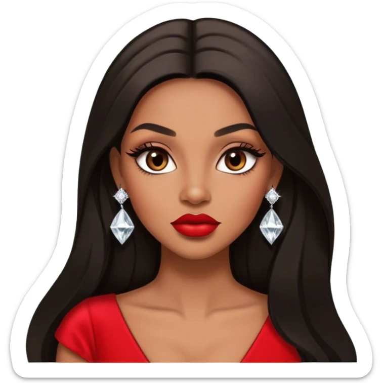 light brown skin tone, very beautiful woman, with big plump lips, long long lashes, black straight long hair, brown eyes, red dress, diamond stud earrings sticker
