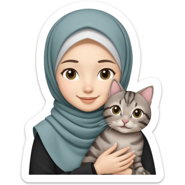 Asian white girl wearing pretty hijab holding a black grey tabby cat with smiling sticker