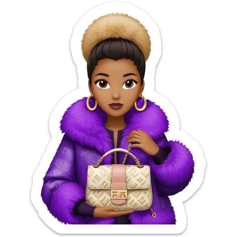 Beautiful black woman wearing a monogram Fendi jacket with a fur trim. She is carrying a purple sequin Fendi Baguette bag. I want the image close up sticker