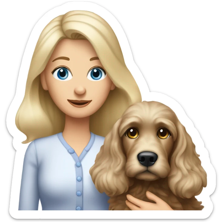 62 year Old blue eyed blonde lady with long straight hair with dark brown Cockapoo puppy dog sticker