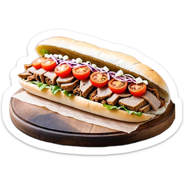 Döner im frisch aufgebackenen Fladenbrot, außen leicht knusprig, innen weich. Gefüllt mit saftigem Dönerfleisch, knackigem Salat, Tomaten, Zwiebeln und Kräutersauce. Warme Food‑Fotografie, hohe Details, natürliche Farben, appetitliche Präsentation, Fokus auf Texturen und Frische.“ sticker