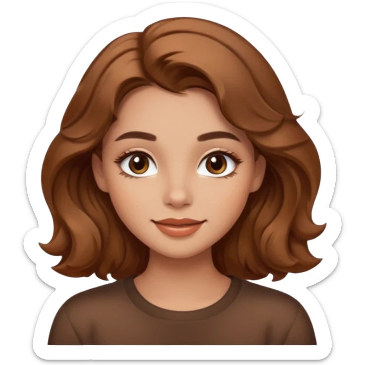 emoji girl with warm bronzy eyeshadow, caramel shimmer, fluffy brows, glossy nude lips, soft contour, wavy brown hair, cozy calm smile sticker