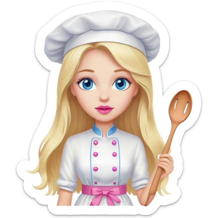 Cinematic realistic beautiful blonde with long hair, blue eyes and pink lips in a white dress cooks sticker