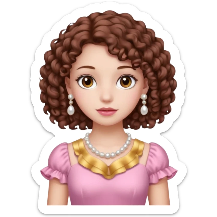 A girl with a brown curly hair and beautiful brown eyes and white skin and pink dress with pearl jewelry sticker