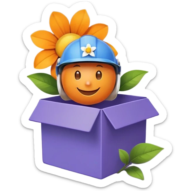 Sticker with a cartoon illustration of a flower in a box. the flower is orange with a yellow center and has a big smile on its face. it is wearing a blue helmet with a white visor. the background is purple with small white stars scattered around. the box is brown and has two green leaves on top. the overall design is simple and cartoon-like. sticker