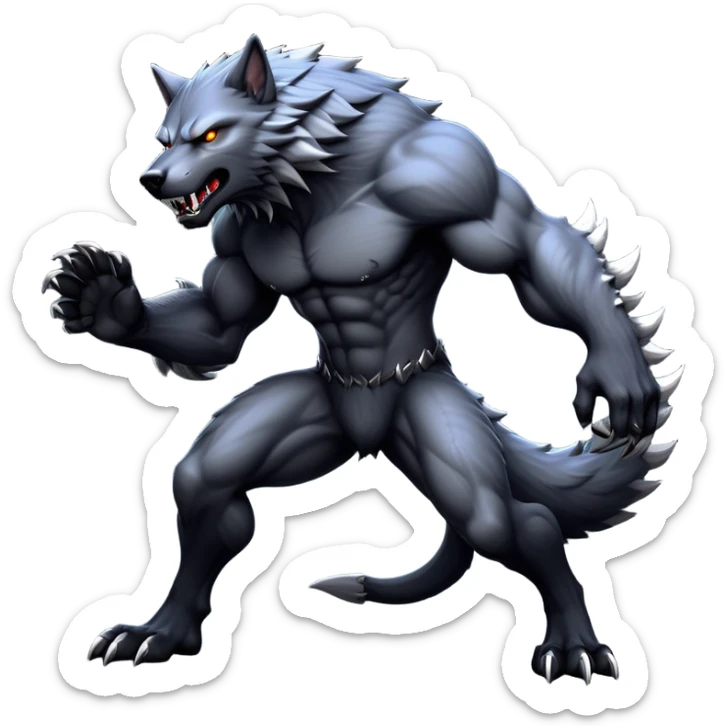 cinematic-noble-fierce-werewolf-full-body-emoji, poised-and-imposing, with a tall, lean, and muscular wolfish frame inspired by the brutal, imposing shape of the beast from Berserk, fur rippling in shades of midnight black and silver, massive paws with razor-sharp claws, elongated limbs and fangs, eyes glowing with an intense, primal ferocity, reflecting the untamed power of the wild moonlit night; rendered with realism sticker