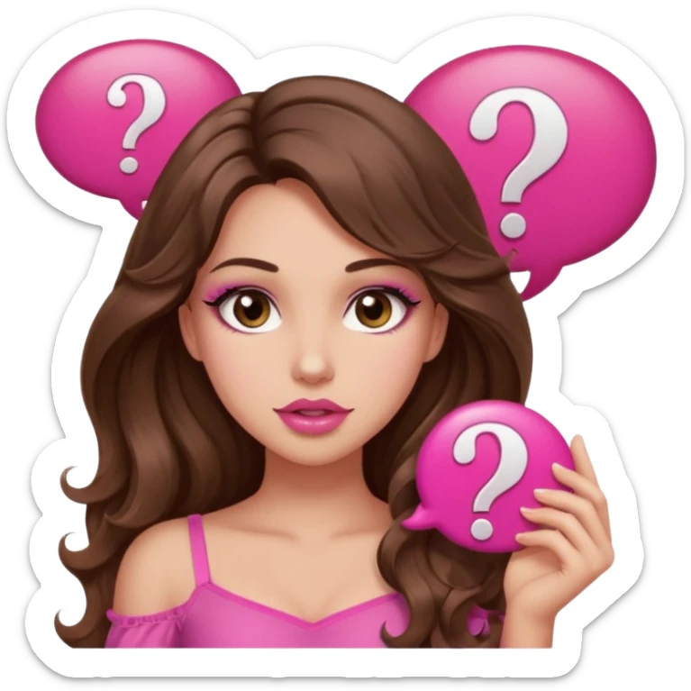 girl with long wavy brown hair, brown eyes, long lashes makeup, sexy pink lips, light to medium complexion, wearing a pink sexy top, shugging, question mark one speech bubble sticker