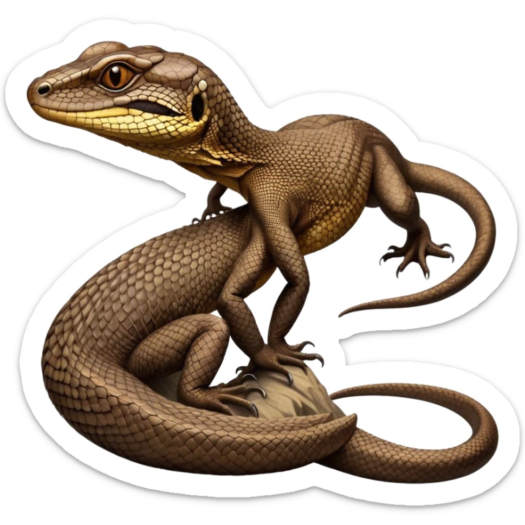 Cinematic Noble brown monitor Lizard Portrait Emoji, Poised and regal, with a robust, scaled body exhibiting striking, mottled patterns and piercing, alert eyes, Simplified yet sharp and sophisticated features, highly detailed, glowing with a soft, earthy glow, high shine, intelligent and formidable, stylized with an air of ancient wilderness, focused and commanding, soft glowing outline, capturing the essence of a watchful and confident reptilian guardian that appears ready to stride out of the screen with effortless authority! sticker