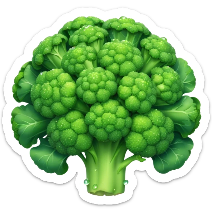 Cinematic lush green broccoli, detailed florets glistening with dewdrops, ultra-fresh and vibrant, soft glowing background, healthy and delicious. sticker