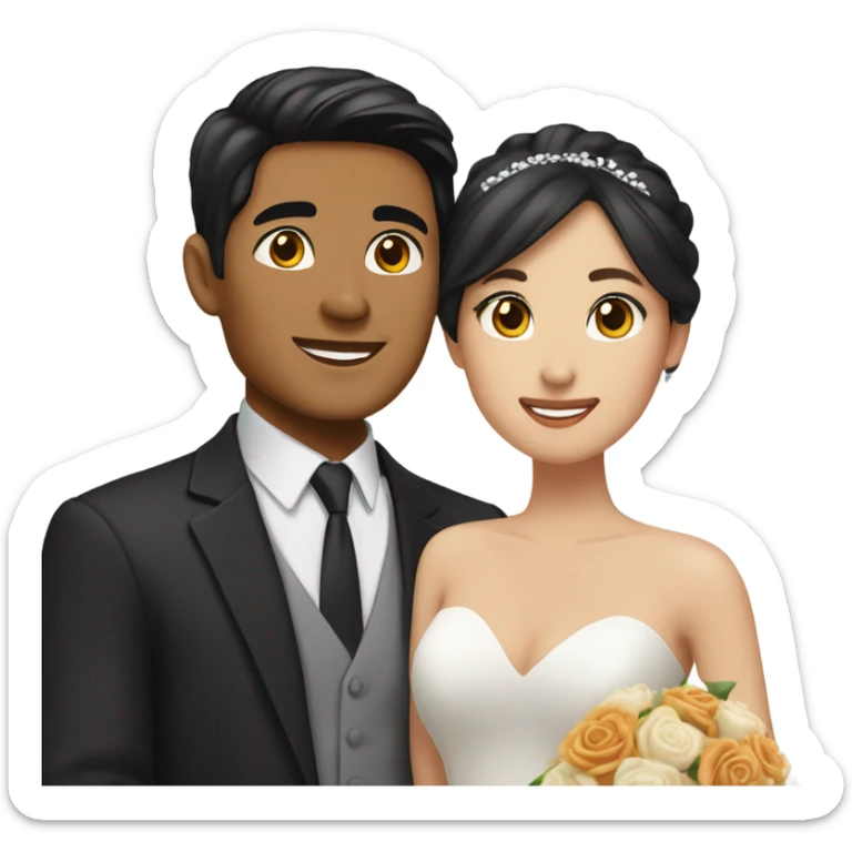 Brown eyes tan skin Asian man with brown eye black hair light fair skin woman in love in wedding  sticker