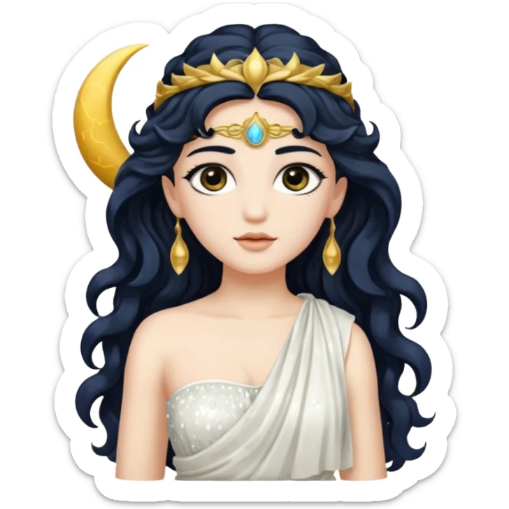 Luna, Goddess of Moon from Roman Deities with long black wavy hair, white sequin toga  sticker