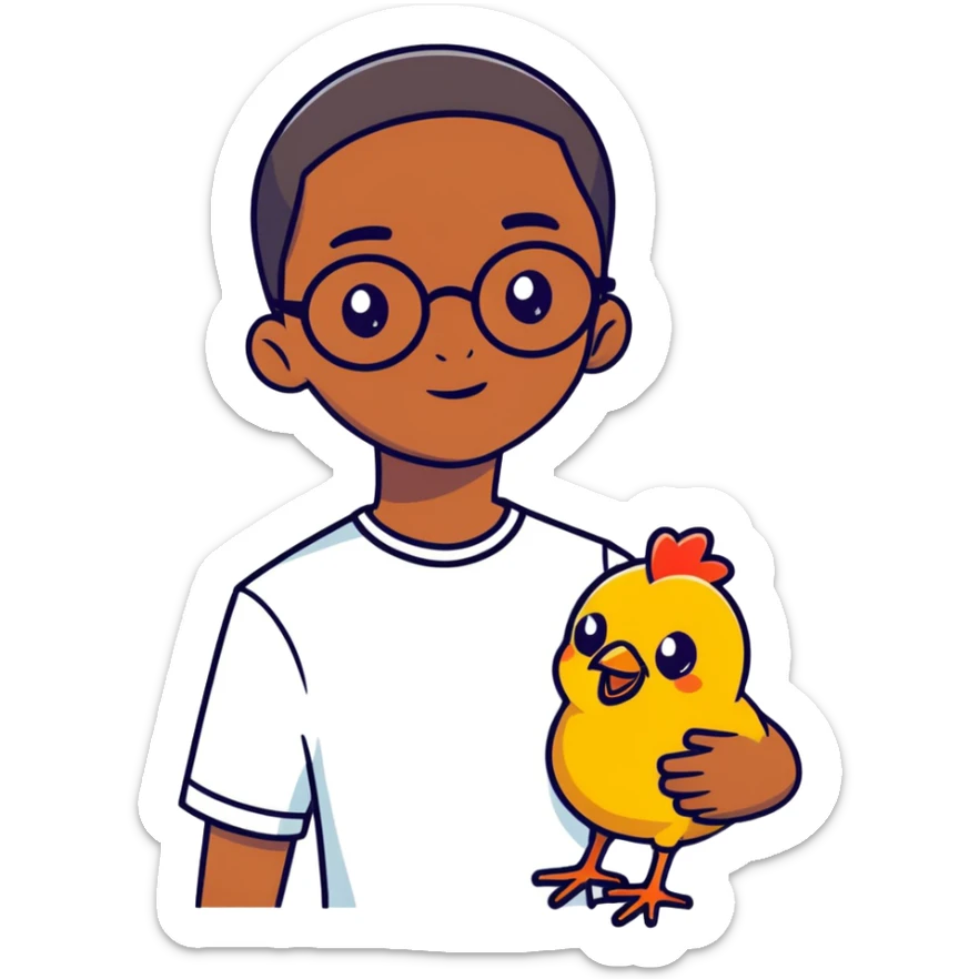 African boy with straight short hair that goes down to his forehead with glasses holding a chicken and small eyes sticker