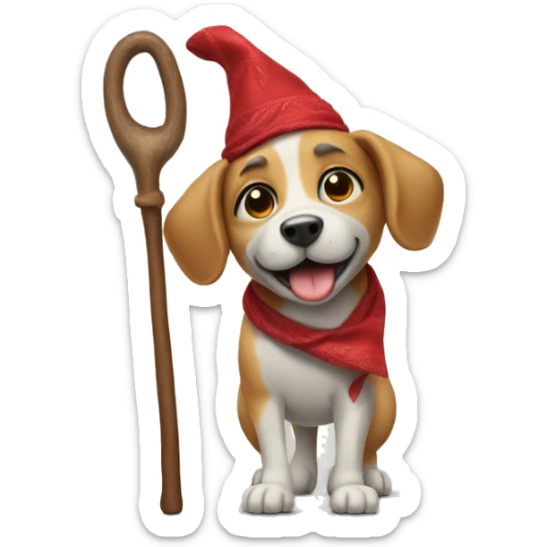 Dog walking on two back legs, holding a hobo stick with a red bandana on head  sticker