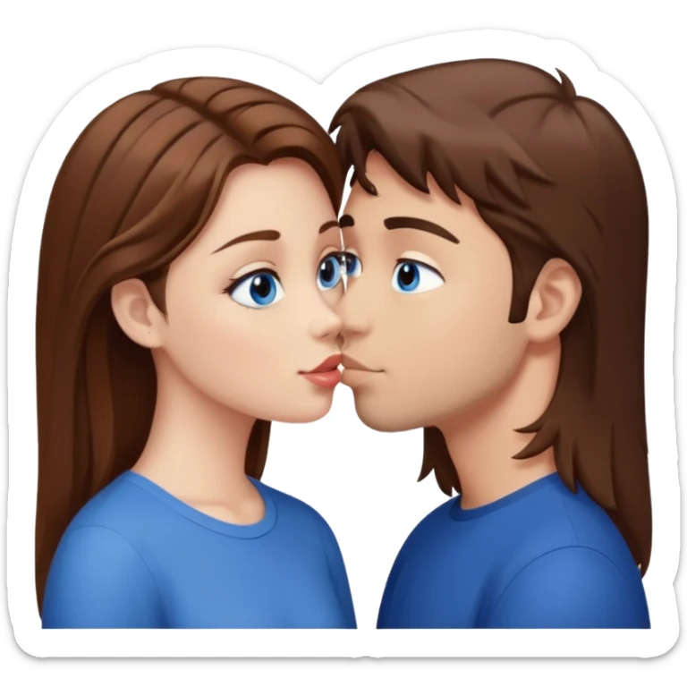 Girl with brown hair and blue eyes giving guy with brown hair and eyes a kiss sticker