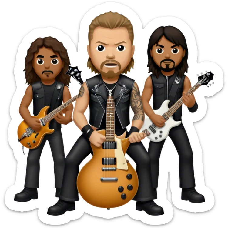 Icon for Metal Music: Metallica band four members detailed in their signature look. James Hetfield with guitar, Lars Ulrich on drums, Kirk Hammett with his electric guitar, and Robert Trujillo playing bass. Bold, energetic style, all in a heavy metal aesthetic. Transparent background. sticker