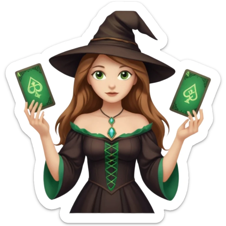  witch girl with long light brown hair and green eyes and Tarot cards without hat and in sexy dress  sticker