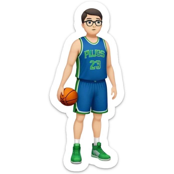 Full Body plus size white male with dark short hair basketball player wearing glasses wearing blue green uniform sticker