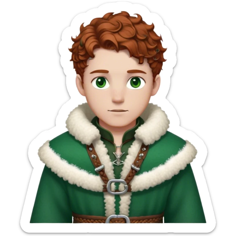 Medieval winter outfit worn by a DnD themed fantasy male character. Rich brown leather-trimmed wool tunic with sheepskin lining, featuring intricate metal buckles at the collar, paired with a heavy braided belt. Clothes only above the waist, full waist coverage. The character has no arms. Character is white-skinned with auburn hair, emerald green eyes, and short curly hair beneath a light dusting of snow. sticker