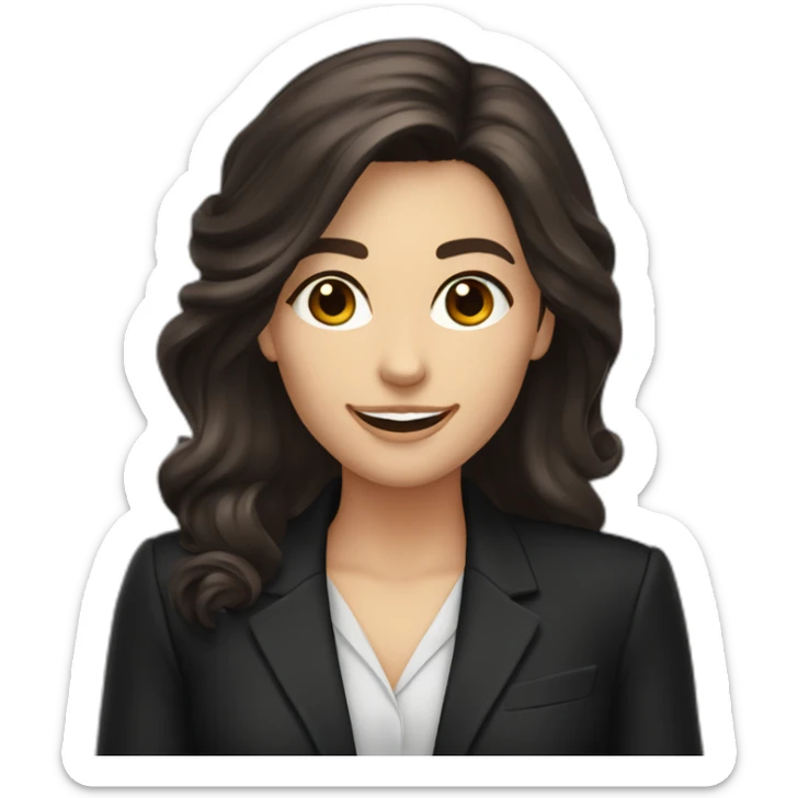 Caucasian Woman with voluminous long dark brown hair, dark brown eyes, pretty smile, dressed with a black blazer. Pointing up sticker