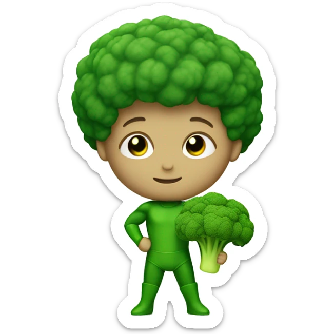 cute mini superhero with green clothes and a broccoli as hair,  full body saying hello sticker