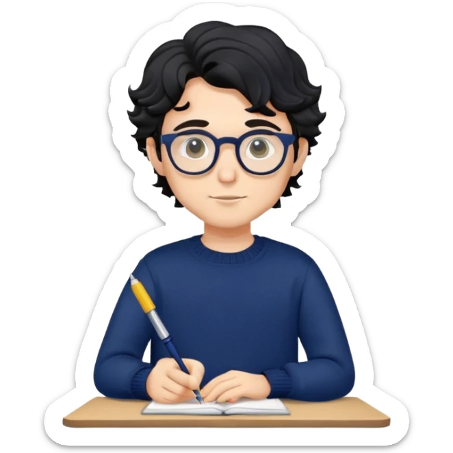 Young caucasian man with black wavy hair, round glasses, navy blue sweater, holding a pen, designer sticker