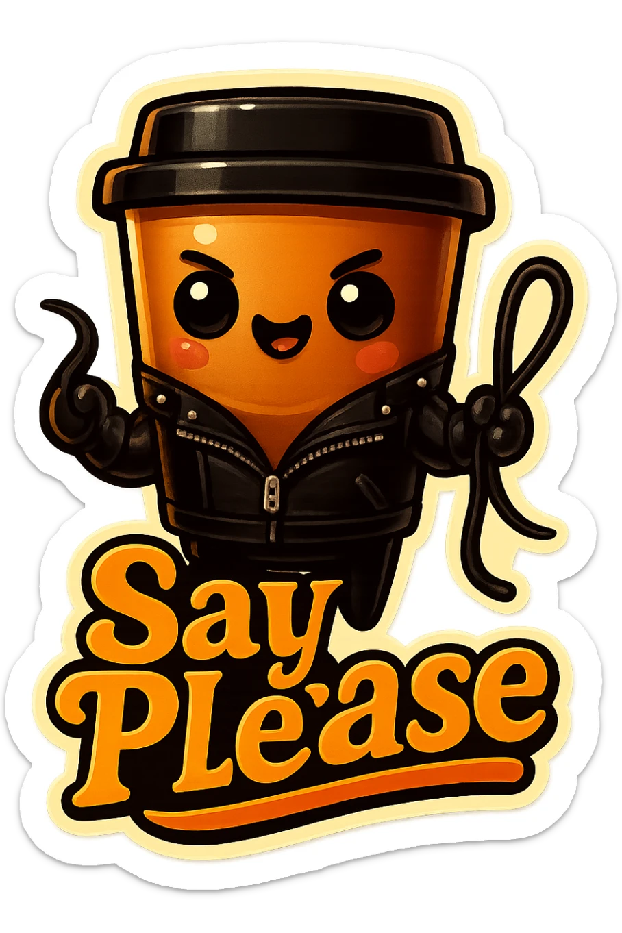 Tall coffee cup, dressed in leather holding a whipping crop, mischevious, "big "Say Please" sticker