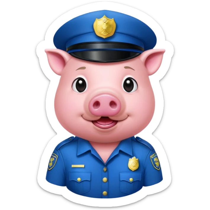 a pig, upright, in a police officer uniform, drooling and looking to the bottom left sticker