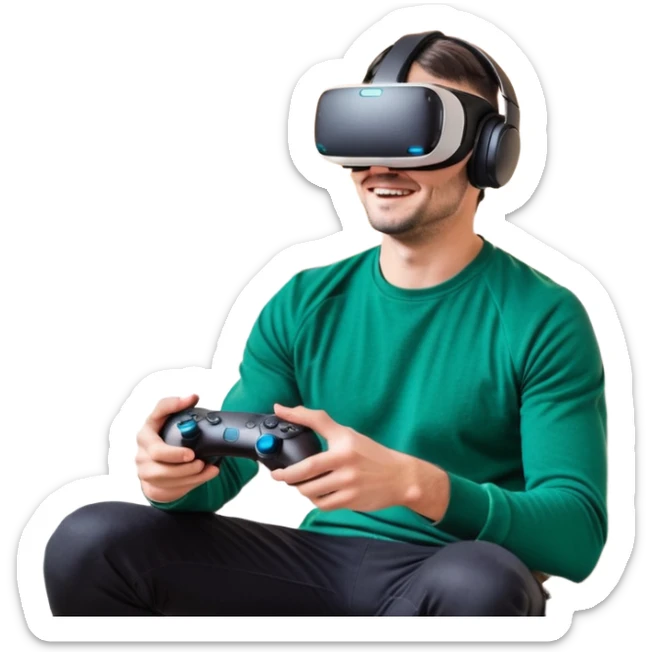 Homme noir, week-end détente, avec casque VR et manette PS 2025, assis dans un salon cosy décor Noël. Père Noël à côté, sourire amical, sapin illuminé, guirlandes et cadeaux au sol. Style réaliste, lumineux, ambiance festive & gaming. sticker