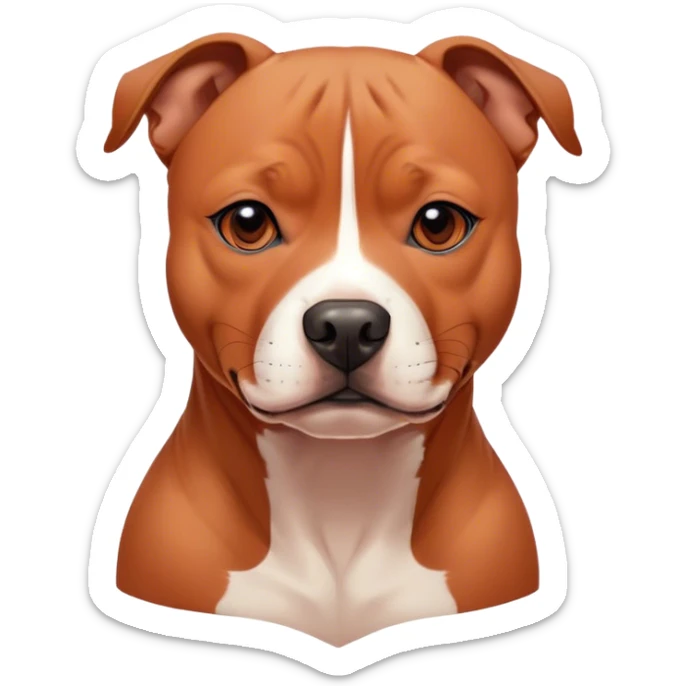 Cinematic Noble Red/Fawn Staffordshire Bull Terrier Portrait Emoji, Poised and regal, with a compact, muscular build and a sleek, well-groomed red/fawn Fur accented by subtle white markings, deep-set soulful dark eyes, Simplified yet sharp and sophisticated features, highly detailed, glowing with a soft, dignified glow, high shine, intelligent and loyal, stylized with an air of strength, focused and attentive, soft glowing outline, capturing the essence of a watchful and confident guardian, so majestic it feels as though it could stride out of the screen with effortless authority! sticker