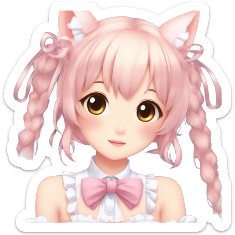 Gorgeous anime style catgirl with blushing face with maid outfit bow tie idol model kawaiicore pearly petite simplistic aesthetic trending style sticker