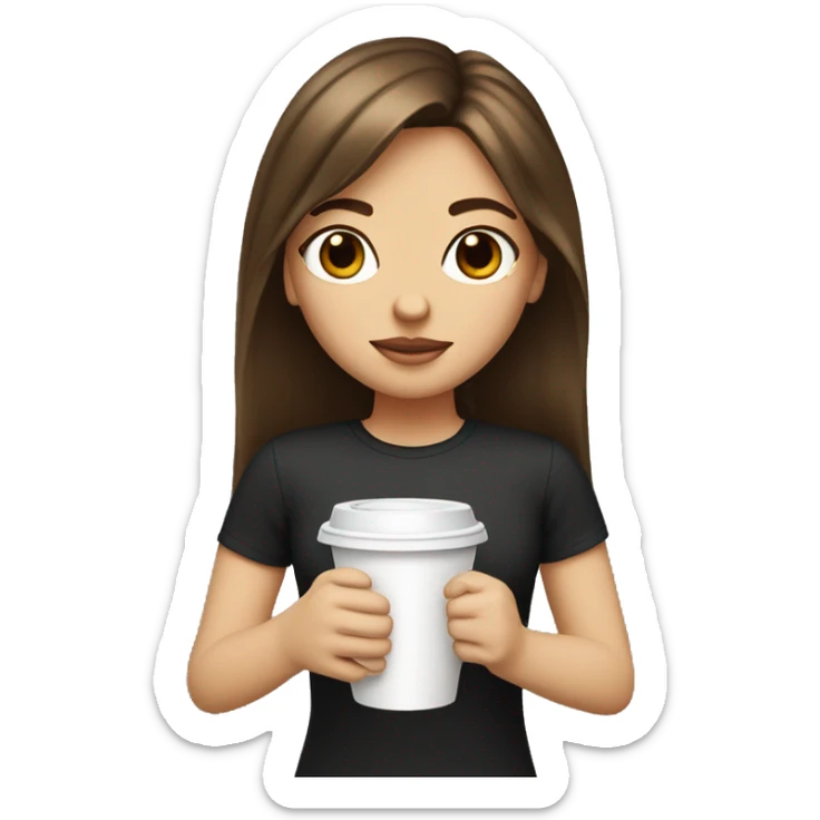 Girl with brown hair, curtain bangs and white skin holding stabucks cup sticker