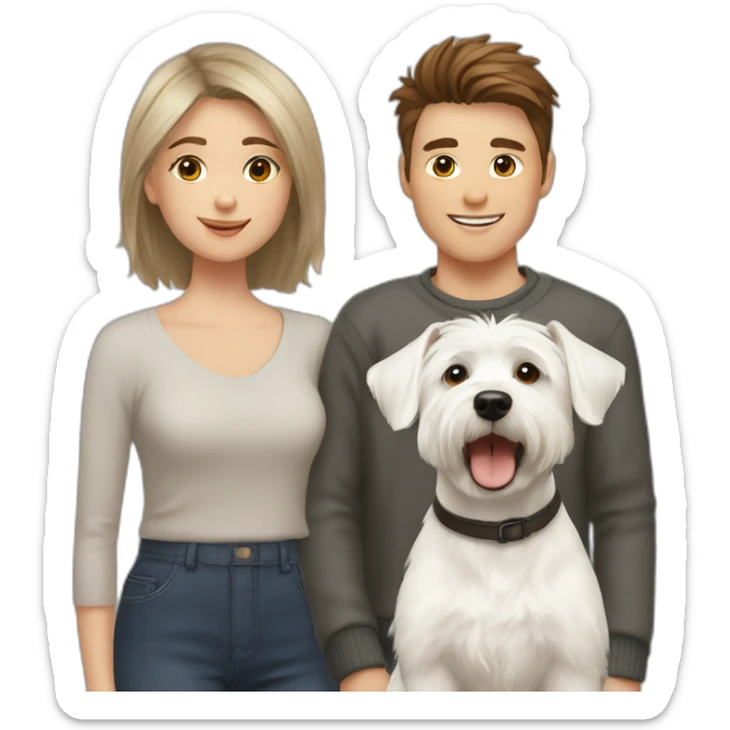 family photo included west highland white terrier boy 21 years old with short haircut and girl 24 years old with brown hair sticker