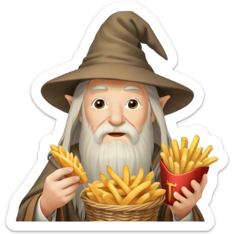 gandalf eating fries, holding a small basket of golden, crispy fries in one hand and a fry in the other. his iconic long white beard and wizard hat are present, with a playful expression as he enjoys the snack. the background is a cozy tavern with warm lighting and a whimsical atmosphere sticker