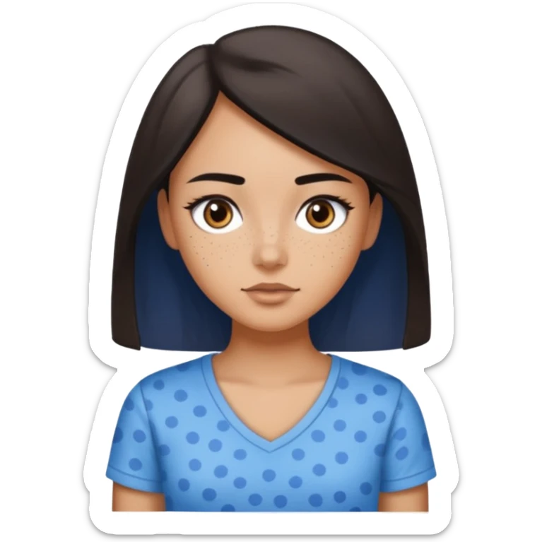 Wausau girl with dark brown eyes straight but voluminous middle length very dark brown hair, wearing a v neck t shirt with a white background and speckled blue pattern thin eyebrows that are sparse  sticker