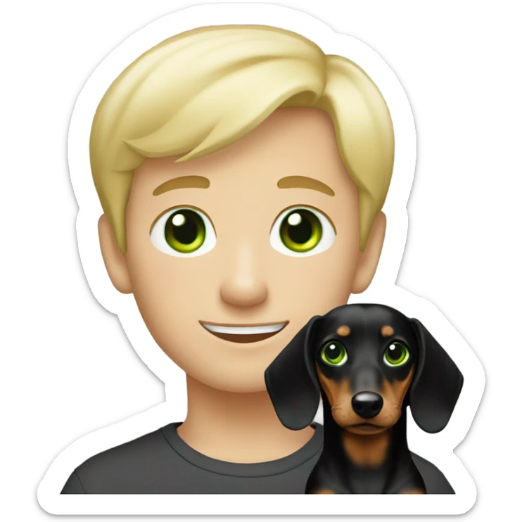 Green eyes short blonde hair boy with long black haired dachshund sticker