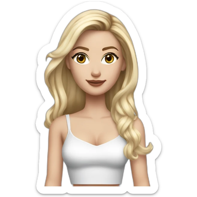 realistic caucasian long blonde hair dark brown eyes woman white crop top gray mini skirt black high heels sticker