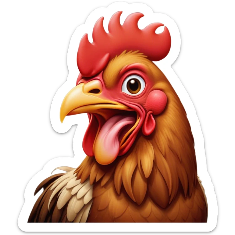 Cinematic Cute Yawning Brown Rooster Portrait Emoji, Head tilted slightly with a dramatic, wide-open yawn, showcasing a soft, downy brown plumage with a subtle red comb and drooping wings, round warm eyes barely open in drowsy contentment, Simplified yet irresistibly adorable features, highly detailed, glowing with a soft, cozy glow, high shine, relaxed yet expressive, stylized with a touch of whimsy, bright and endearing, soft glowing outline, capturing the essence of a sleepy yet affectionate rooster, so drowsy it feels like it could stretch out of the screen and curl up for a nap! sticker