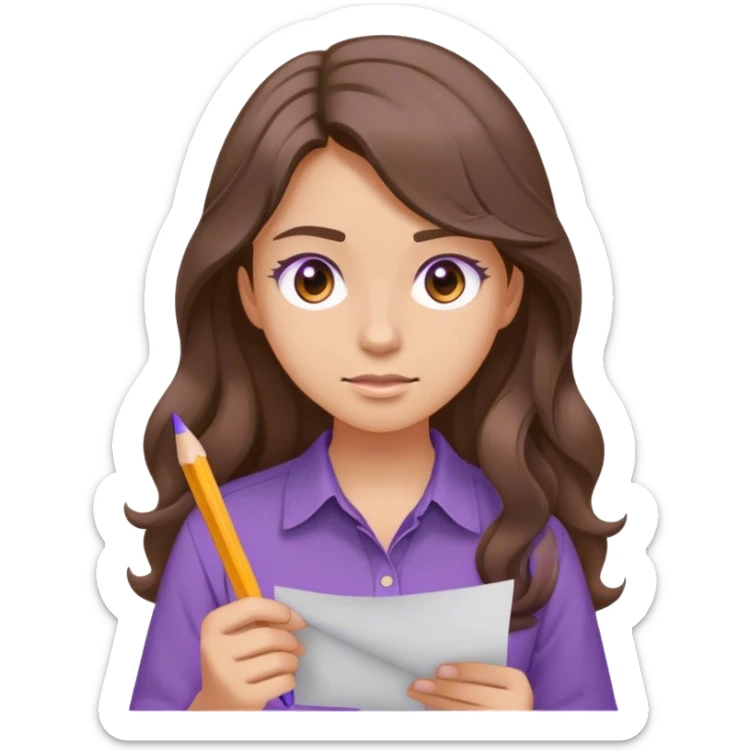 girl with long wavy brown hair in a purple shirt like the normal emoji and brown eyes taking a test and light tan / peach skin  sticker