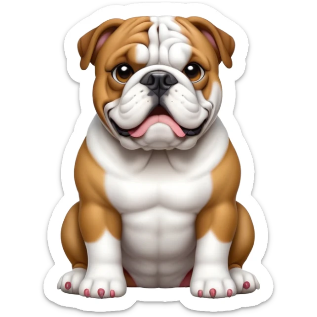 cinematic-[english bulldog]-realistic-full-body-sitting-emoji,-tail-resting-loosely-beside-its-paws,-head-tilted-dramatically,-sleek-[solid white]-fur,-simplified-yet-realistic-focused-features,-highly-detailed,-glowing-with-an-almost-sarcastic-glow sticker