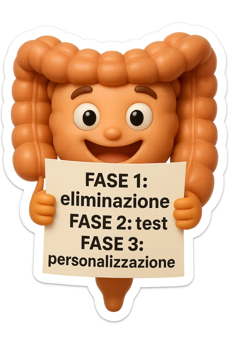 emoji stile iphone 3d di un intestino che tiene in mano un foglio con la scritta "FASE 1: eliminazione, FASE 2: test, FASE 3: personalizzazione, IPERREALISTICO 4K sticker