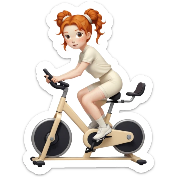 Ginger girl freckles space buns riding stationary bike cream outfit sticker