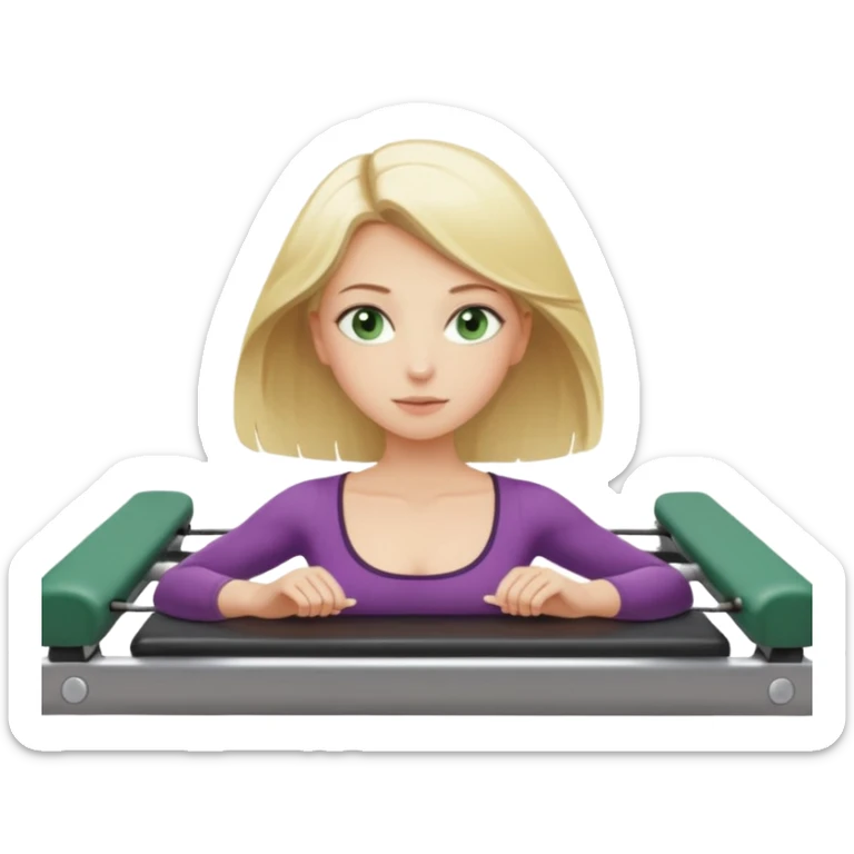 Blonde girl with green eyes and shoulder length blonde hair in a pilates reformer  sticker