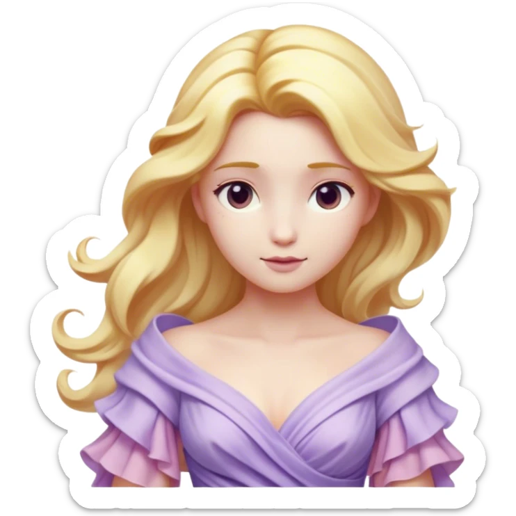 Cinematic Realistic Rapunzel Portrait, with porcelain-like skin featuring a subtle, natural glow, illuminated by soft lighting that brings out the gentle contours of her face. Her long, golden blonde hair cascades in detailed waves, each strand highlighted with a radiant shimmer as it catches the light. She playfully holds a flower in one hand, her other hand resting casually in her lap, with a warm and spirited expression. Her bright, expressive green eyes exude curiosity and warmth, framed by delicate lashes and soft, arched brows. She is dressed in her classic lavender and pink gown, the fabric textured with delicate folds that flow naturally, catching the light with a soft, radiant glow. The portrait captures a luminous, enchanting aura, seamlessly blending realism with a whimsical, fairytale charm, evoking a timeless sense of beauty and magic. sticker