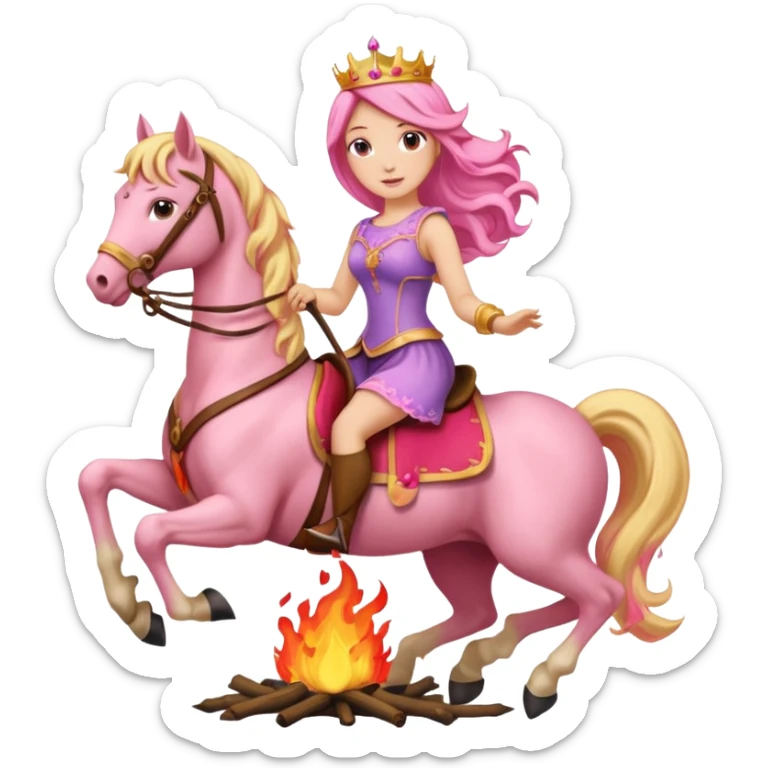 princess woman with pink and blonde hair riding a fire horse sticker