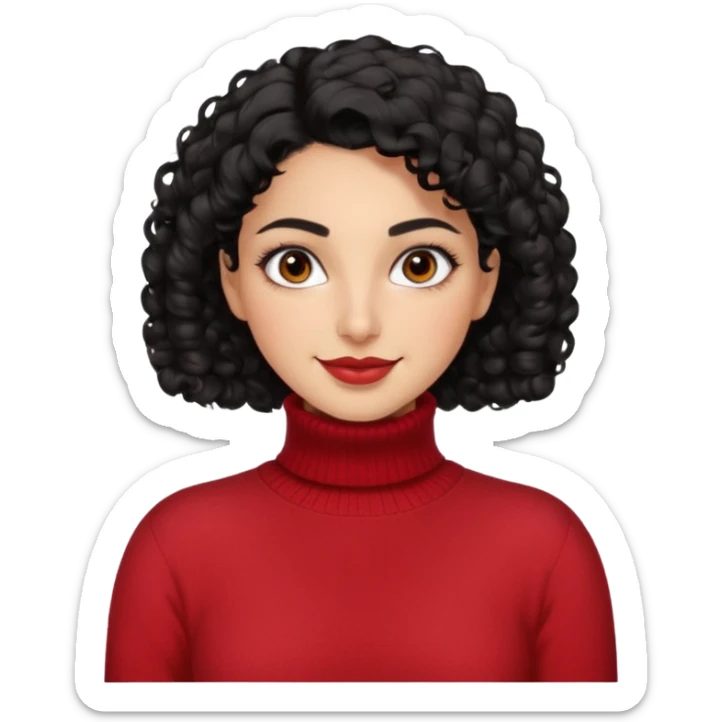 30 yr iranian woman black hair curly wavy short hair, red turtle neck sweater, very thick eyebrows, light skin, dark brown eyes, small smile sticker